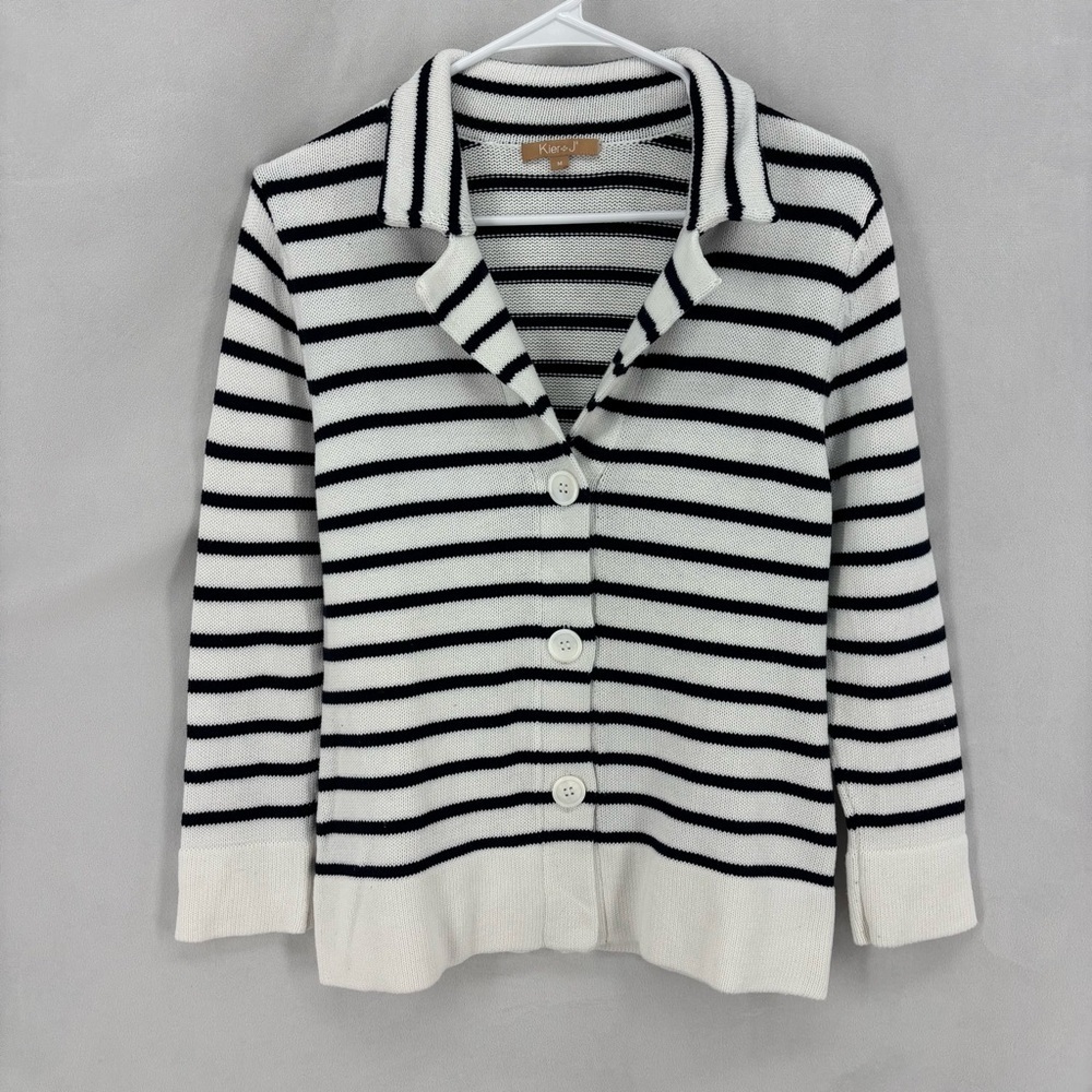 Kier + J Navy White Stripe Cotton Button Front Collared Knit Cardigan Medium
